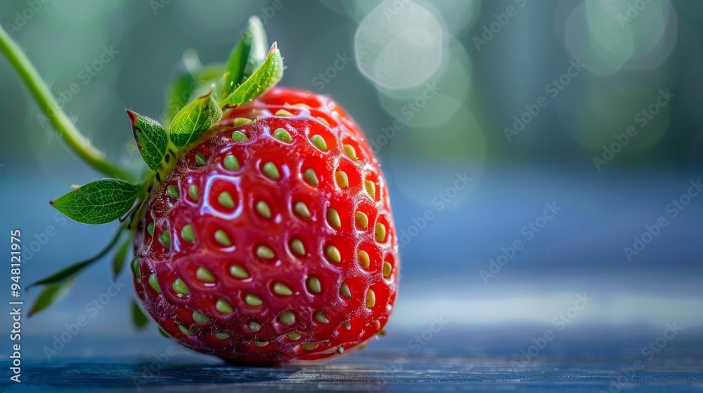 Poster A detailed view of a single strawberry with a focus on its texture and seeds, presented against a smooth, unobtrusive background that highlights its freshness.
