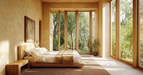 Interior design of a contemporary bedroom with a stucco wall in beige.