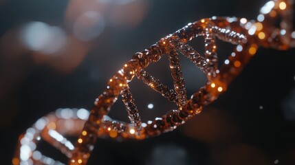 Intricate DNA double helix model with sparkling details in shimmering amber hues against a blurred dark background.