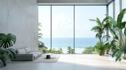 Fototapeta premium A serene living room featuring modern decor and large windows showcasing a stunning ocean view.