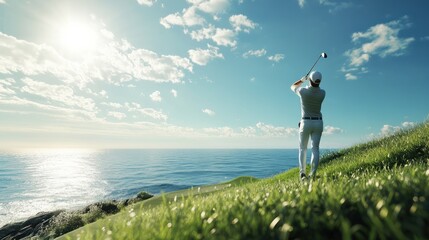 A golfer swings on a coastal golf course, the ocean glistening under a bright sky, surrounded by lush green grass and gentle waves.