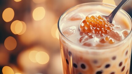 A close-up of a bubble tea drink with a spoon scooping out the tapioca pearls.