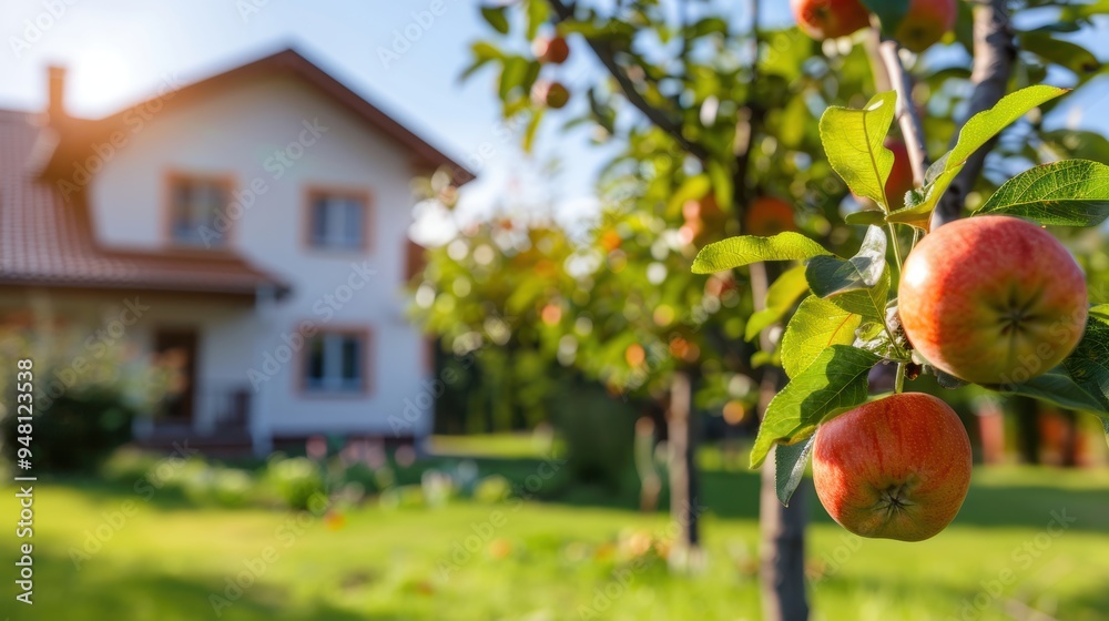 Wall mural Ripe beautiful apple fruit on tree with house