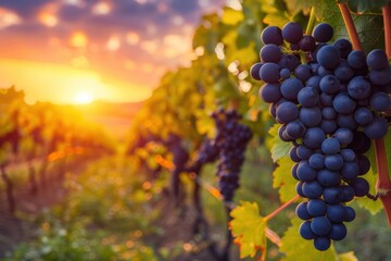 ripe purple grapes bunch row field under sunset rustic view left copy space