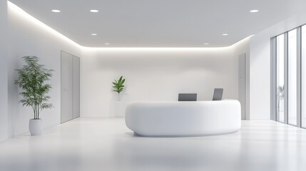 Fototapeta premium Sleek modern reception area featuring a minimalist white front desk and lush green plants.