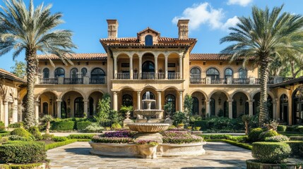 Obraz premium Luxurious Italian-Style Mansion with Fountain and Palm Trees