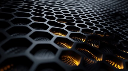 Close-up view of a black honeycomb pattern with warm glowing lights creating a dynamic texture.