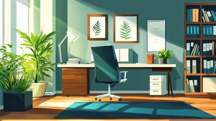 Stylish office interior featuring a modern desk, vibrant plants, and warm sunlight creating a cozy atmosphere.