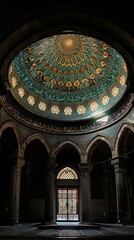 Fototapeta premium Architectural beauty of a historic building with intricate dome decorations and illuminated stained glass windows