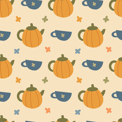 Teapot, cup seamless pattern. Cute autumn illustration for background, cover, fabric, packaging, wrapping paper.
