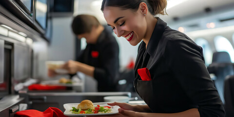 Flight attendant smiling while working in the galley, preparing refreshments and meals for the passengers.