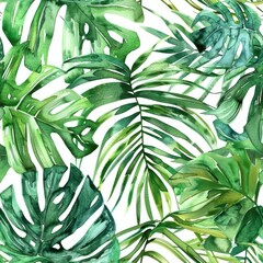 seamless pattern palm monstera tropical leaf watercolor on white background decoration