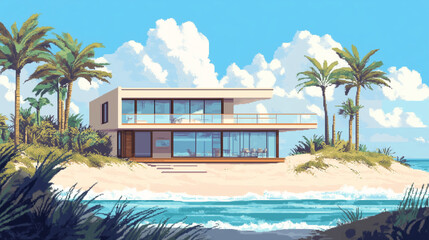 Fototapeta premium A large white house with a balcony overlooking the ocean in pixel art. The house is surrounded by palm trees and the beach