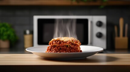 Sizzling Surprise: Vibrant Splash Style Illustration of Lasagna Emerges from Microwave, Kitchen Scene with Copy Space