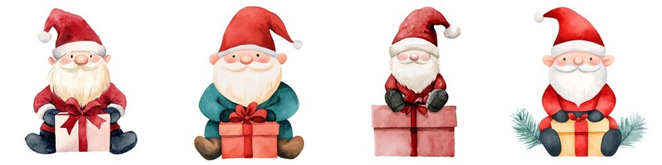 Charming watercolor Santa illustrations, perfect for holiday decor, cards, and festive designs featuring cheerful poses and gifts.