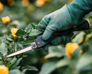 Naklejka premium Gardener with pruning shears trimming plants in a vibrant garden