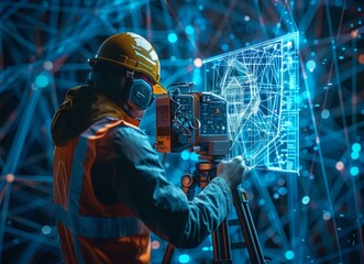 A construction worker operating a 3D scanner while analyzing digital data at a building site during daylight hours