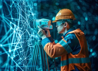Construction worker using advanced surveying equipment in a high-tech environment during daylight