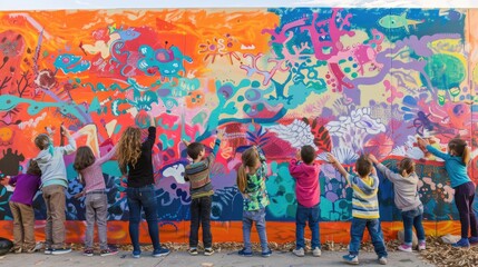 Fototapeta premium Children working together to create a large mural, each adding their own unique colors and imagination.
