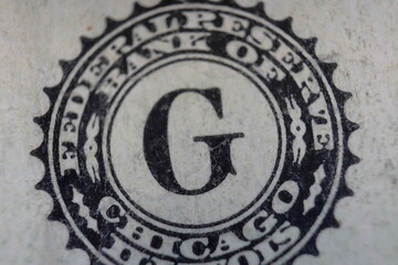 Federal reserve bank of Chicago, Illinois. symbol. Seal on one dollar banknote. Letter G.