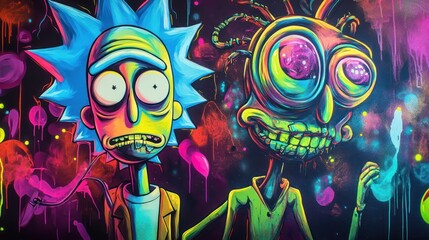 Vibrant graffiti art featuring animated characters with exaggerated features and colorful backgrounds, showcasing a whimsical, surreal atmosphere.