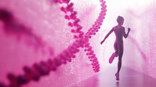 A young Black female athlete runs through a vibrant pink DNA-inspired setting, symbolizing health and vitality. - Powered by Adobe