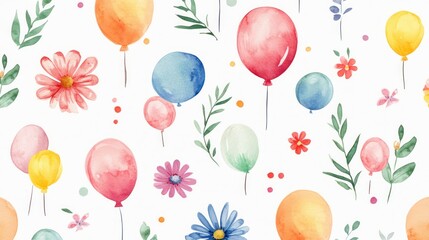 Colorful watercolor balloons and flowers create a cheerful, festive background for celebrations and parties.