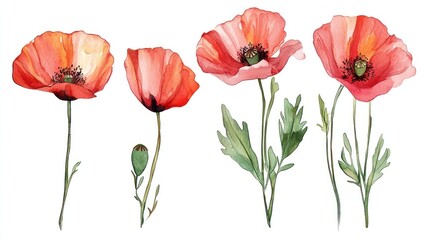 A beautiful collection of hand-painted red poppy flowers showcasing delicate petals and lush green leaves.
