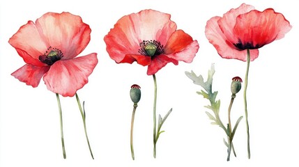 Fototapeta premium Three vibrant red poppy flowers in various stages of bloom, showcasing delicate petals and slender green stems.