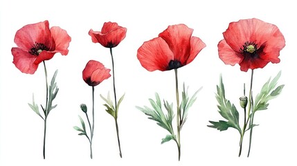 Obraz premium A collection of vibrant red poppies in various stages of bloom, showcasing their delicate petals and green leaves in a watercolor style.