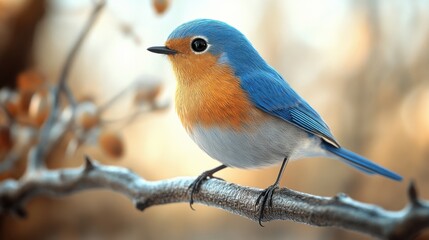3D illustration of a blue bird perched gracefully on a branch, with realistic textures and shadows