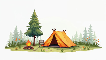 camping in jungle forest relaxing view with bonfire watercolor illustration on white background 