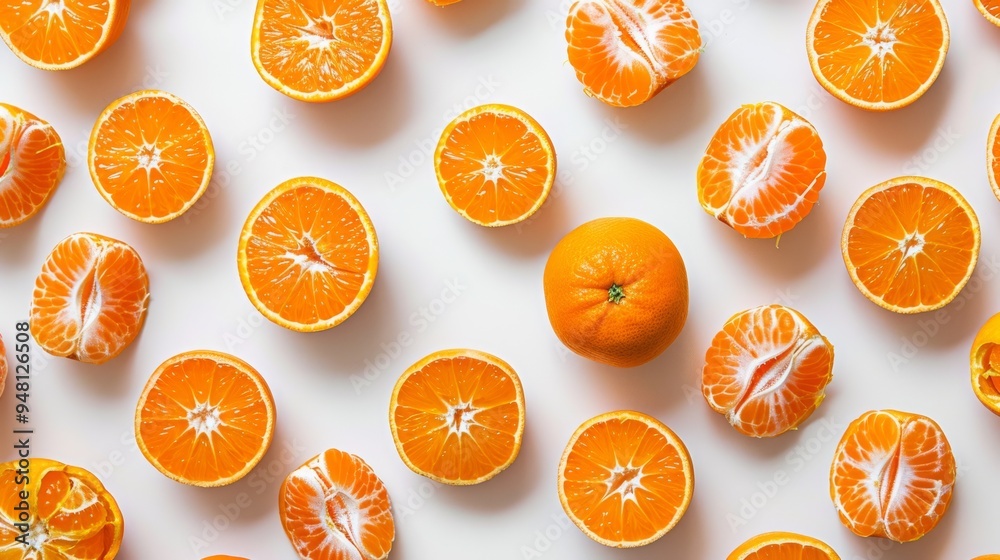 Poster a flat lay of tangerines and tangerine halves on a simple background, capturing the bright and appea