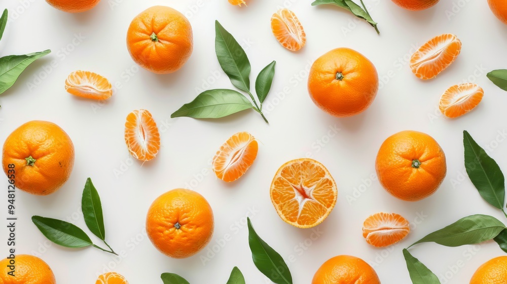 Poster a flat lay of tangerines and tangerine halves on a simple background, capturing the bright and appea