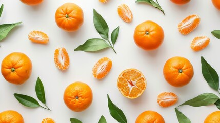 A flat lay of tangerines and tangerine halves on a simple background, capturing the bright and appealing color of the fruit.