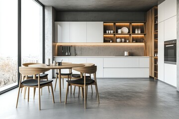 On the background of the dining room, there is a kitchen with linear light