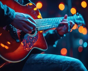 Obraz premium Musician playing the guitar on stage during a live performance