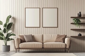 The living room has two empty white posters and a sofa in a bright color scheme