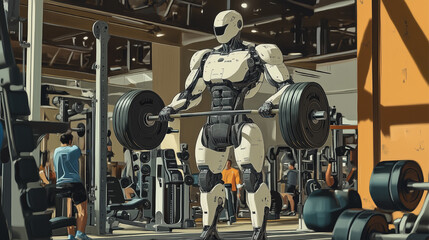 Fototapeta premium A robot is lifting a barbell in a gym. The robot is white and has a black helmet. There are several other people in the gym, some of whom are also lifting weights