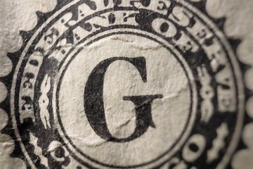 Federal reserve bank of Chicago, Illinois. symbol. Seal on one dollar banknote. Letter G.