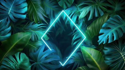 Fototapeta premium Vibrant tropical leaves with a glowing diamond frame in the center, creating a modern and fresh aesthetic.