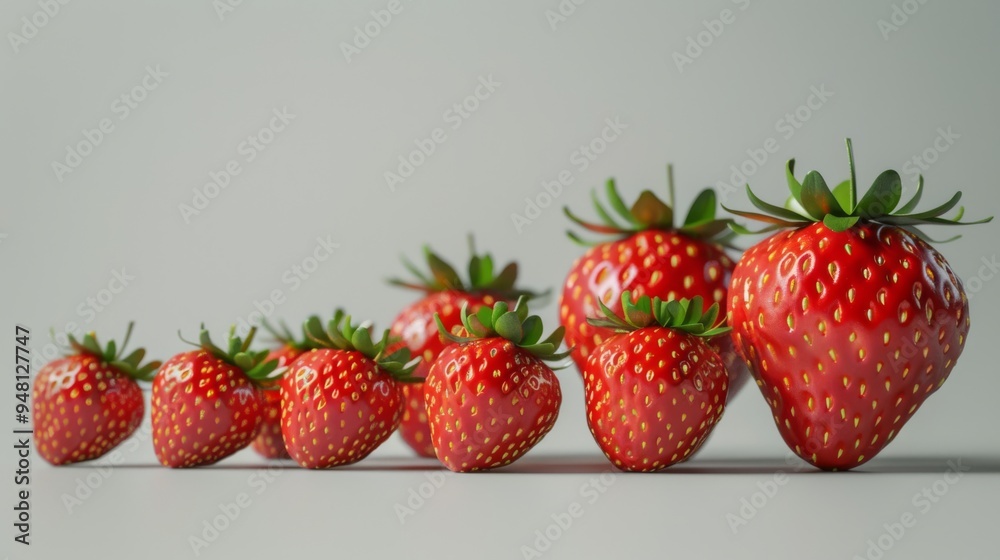 Poster a group of strawberries with varying sizes and angles, showing their juicy flesh and glossy surface,