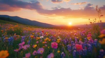 Obraz premium A colorful sunset with vibrant wildflowers in the foreground, creating a scene of natural beauty and tranquility.