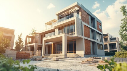 Obraz premium Modern architectural design of a new residential building under construction, showcasing large windows and a mix of materials.