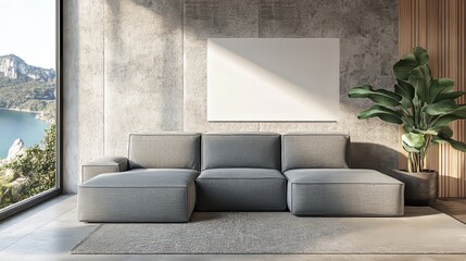 Three dimensional rendering of a minimalist living room interior featuring gray sofas, plants, coffee tables, parquet floors, luxury, Scandinavian style furnishings