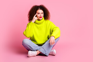 Full length photo of lovely young lady minded touch temple dressed stylish yellow garment isolated on pink color background