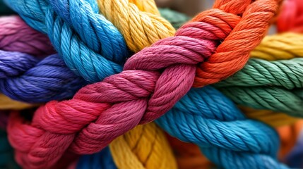 Close-up of colorful ropes interwoven in intricate patterns, symbolizing the strength and unity found within a diverse community