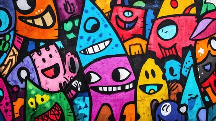 Fototapeta premium Colorful graffiti featuring vibrant, happy cartoon characters with expressive faces and playful designs.