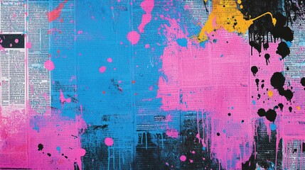 Colorful abstract painting featuring vibrant pink, blue, and yellow splashes over a textured...