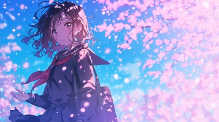 High school girl in uniform standing under cherry blossoms petals fall background detailed anime style